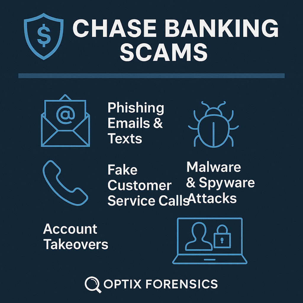 Illustration showing a Chase Bank interface surrounded by warning signs, phishing emails, and scam alerts.