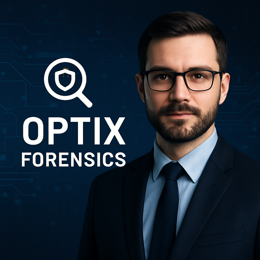 Professional portrait of a cybersecurity expert representing Optix Forensics, a digital investigations and scam recovery firm