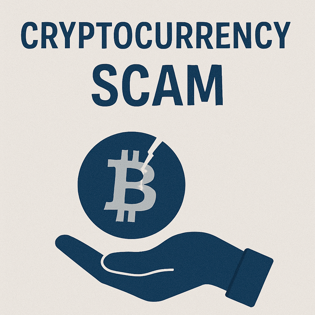 Illustration of a broken Bitcoin coin on a hand, symbolizing a cryptocurrency scam warning
