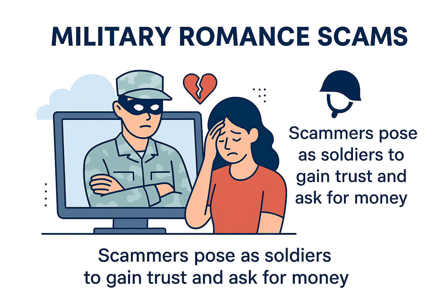Scammer impersonating soldier deceiving woman online in a military romance scam