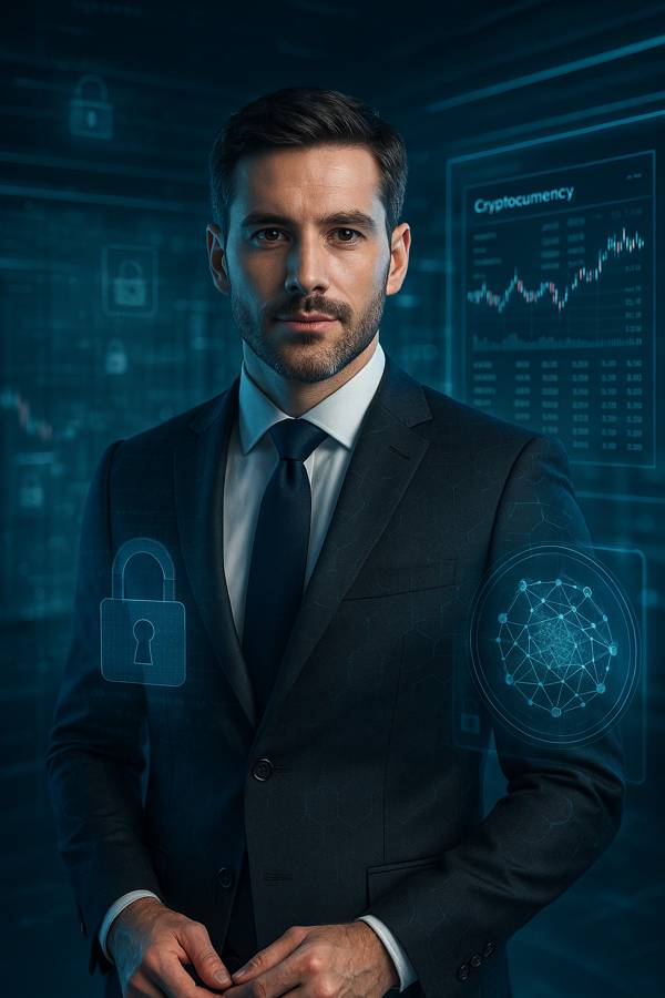 A confident, sharply dressed man in a digital control room with cryptocurrency charts and security icons. Represents the expertise and trust at the core of Optix Forensics Recovery Services.